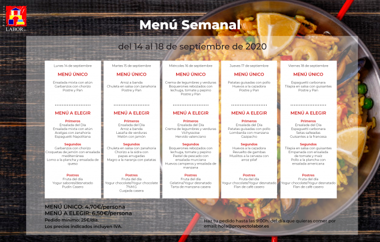 Menú semanal de comida a domicilio